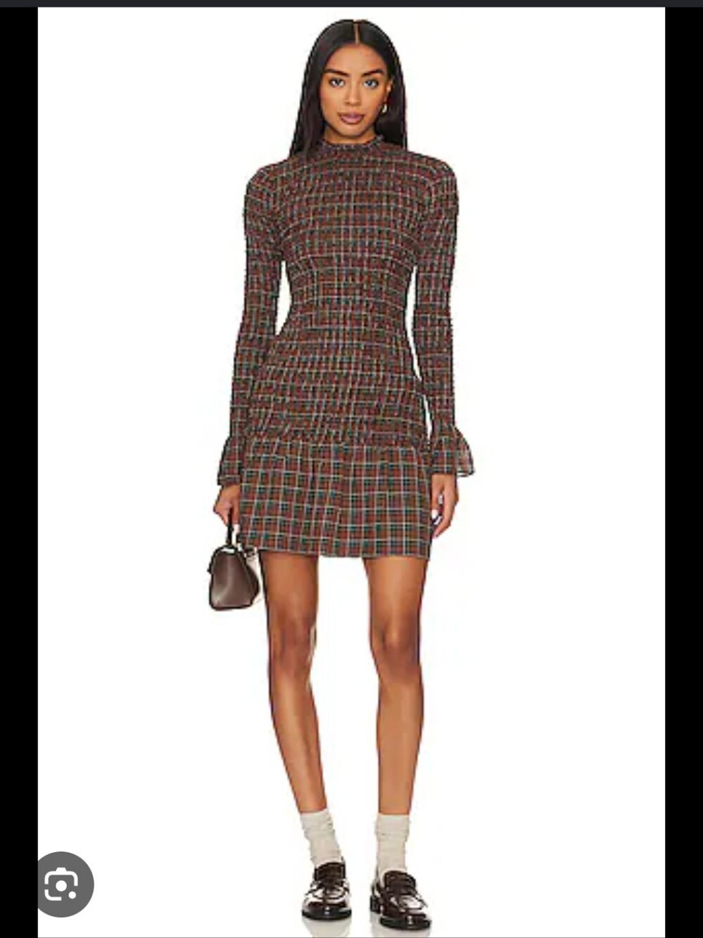 Joie Sz S Revolve Brown Plaid Houda Smocked Bodice Flounce Hem Preppy Mini Dress